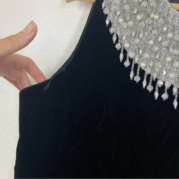 Joseph Magnin Vintage 70s Dress M velvet Embellished Black Silver stones Glam - Picture 7 of 16